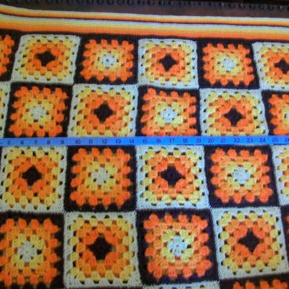 Vintage 70's Hand Crochet Granny Square Afghan Orange Yellow Brown 42" x 70" - Picture 6 of 8